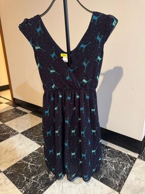 Yellow Star Giraffe Print Dress Small Navy Fit & Flare Sleeveless Retro Novelty
